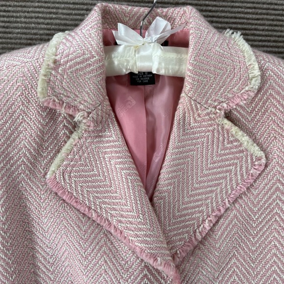 Pierre Cardin Pink Herringbone Tweed Blazer Jacket Pearl Button Fringe Size 8 - Picture 2 of 13